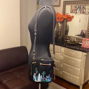 WOMENS BLACK FAUX LEATHER MINI BUCKET SHOULDER BAG WITH CACTUS EMBROIDER…